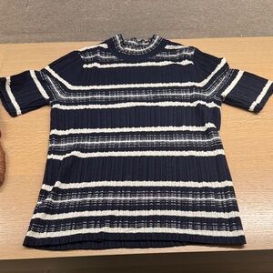 Theory Navy and White Striped Short Sleeve Top
